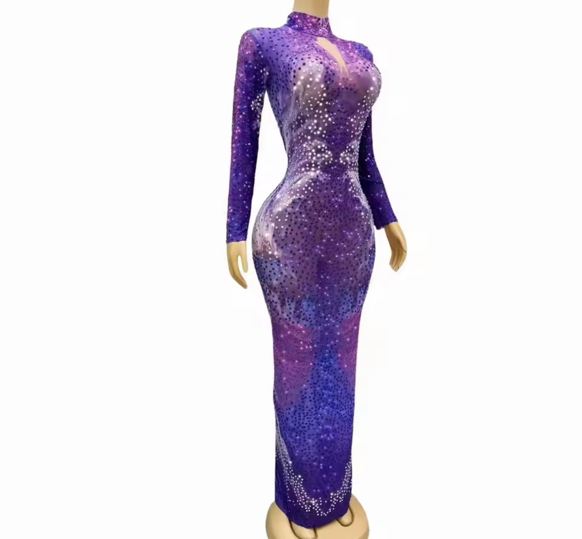 Purple Elegant Rhinestone Full Sleeve Maxi Dress