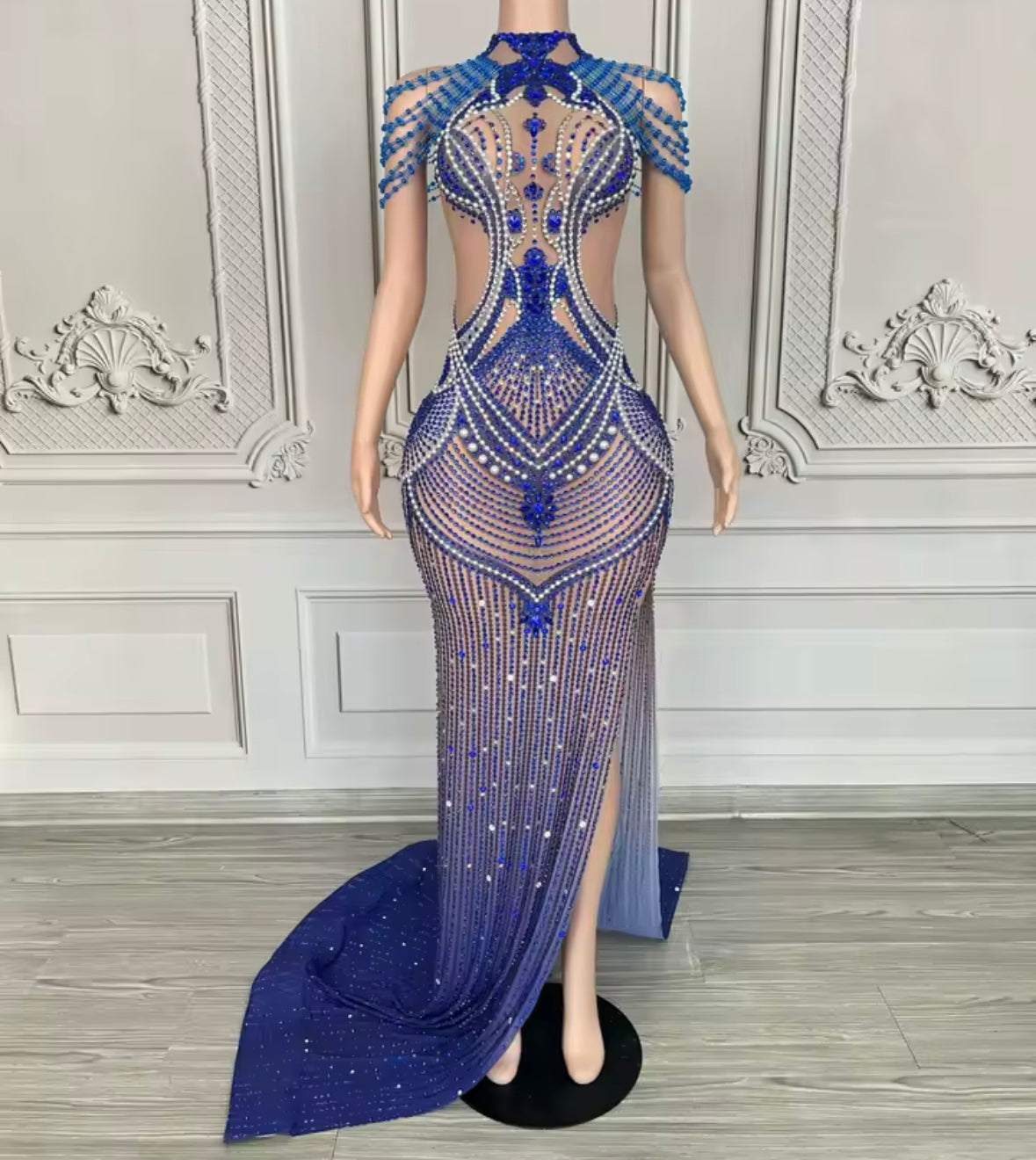 Pearl Rhinestone Embellishment Blue Sexy Floor-Length Dress