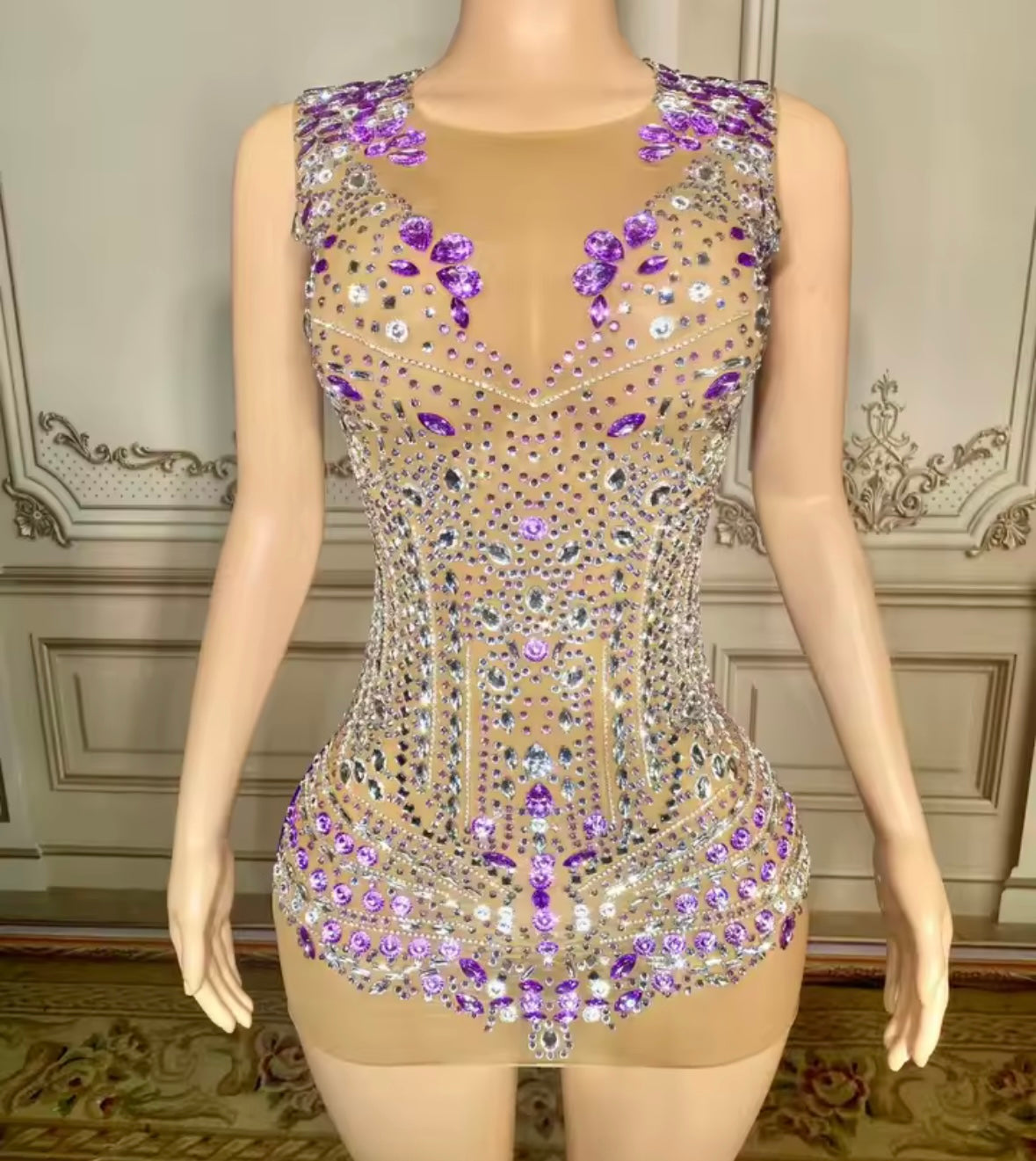 Sexy Sleeveless See Through Rhinestone Mini Dress