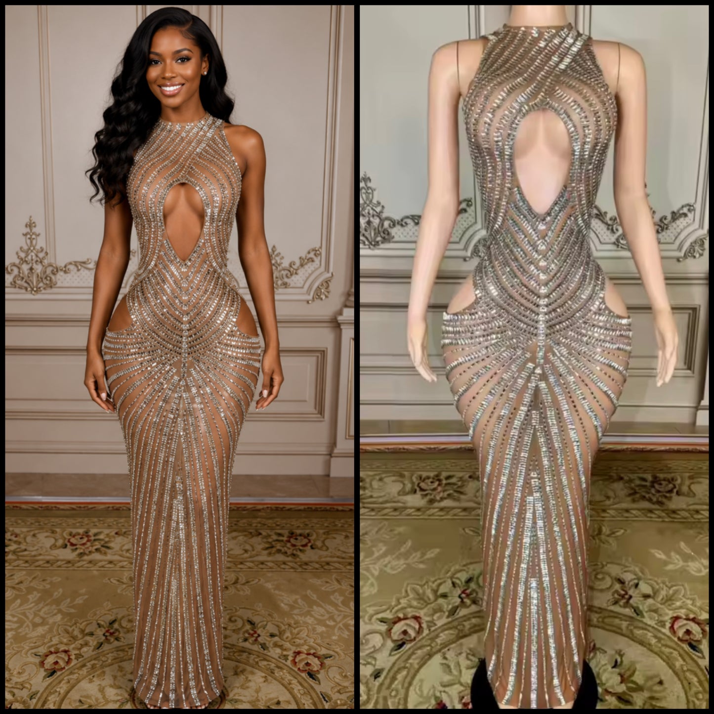 Sexy Halter Sleeveless Hollow Out See Through Rhinestone Maxi Dress
