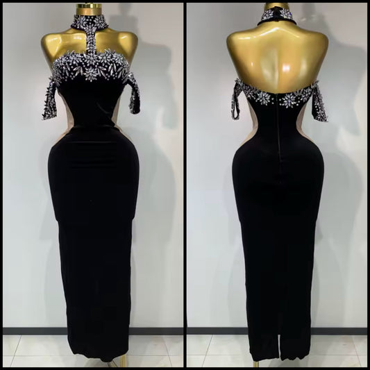 Elegant Black Floral Rhinestone Halter Maxi Dress