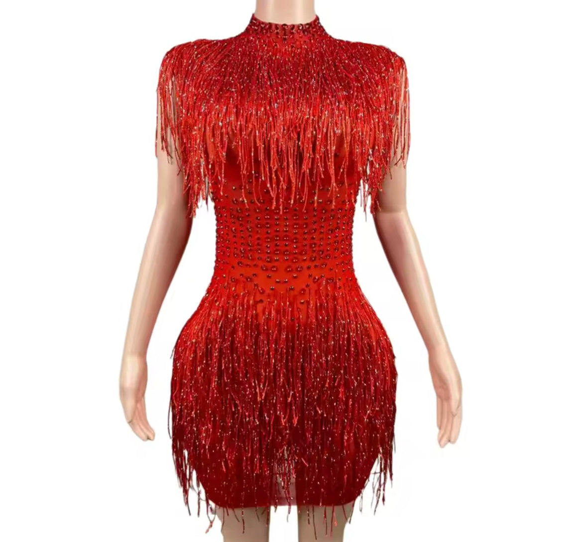 Red Sexy Rhinestone Tassel Dress
