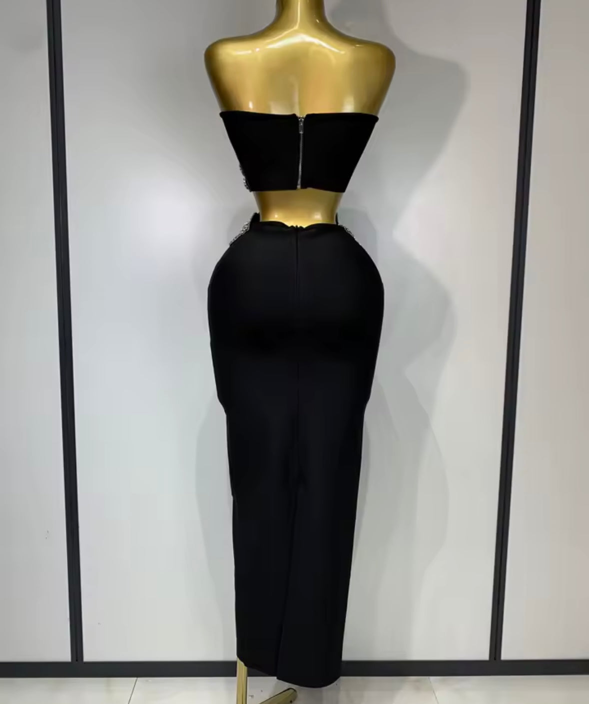 Black Strapless Floral Rhinestone Embellishment Bandage Skirt Set