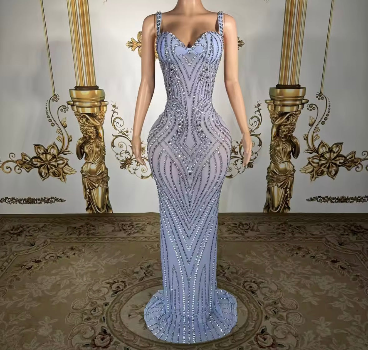 Blue Sexy Sleeveless Rhinestone Embellishment Mermaid Dress
