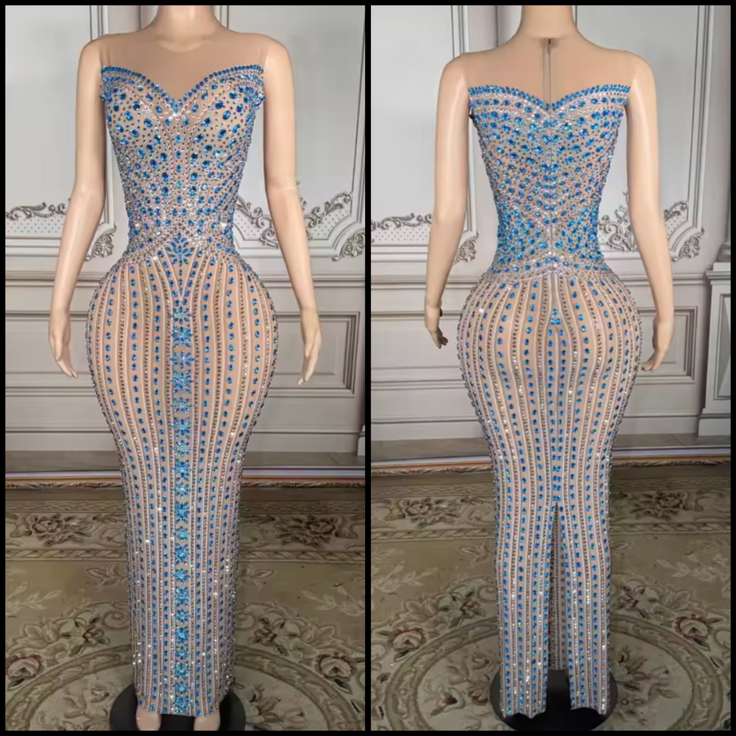 Sexy Sleeveless Blue Rhinestone Embellishment Maxi Dress