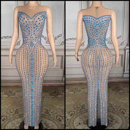 Sexy Sleeveless Blue Rhinestone Embellishment Maxi Dress