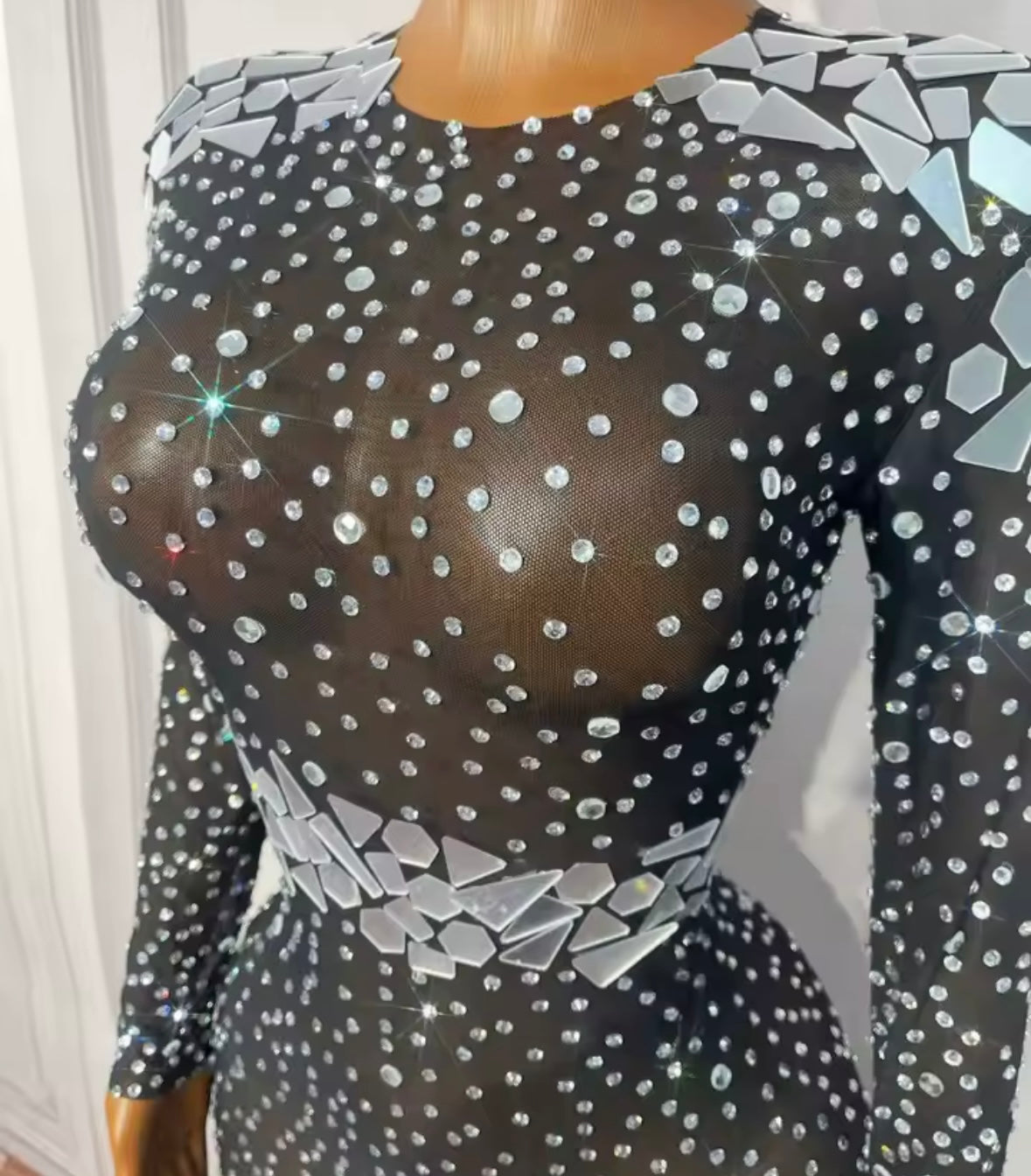 Sexy Rhinestone Mirror Black Full Sleeve Side Split Maxi Dress