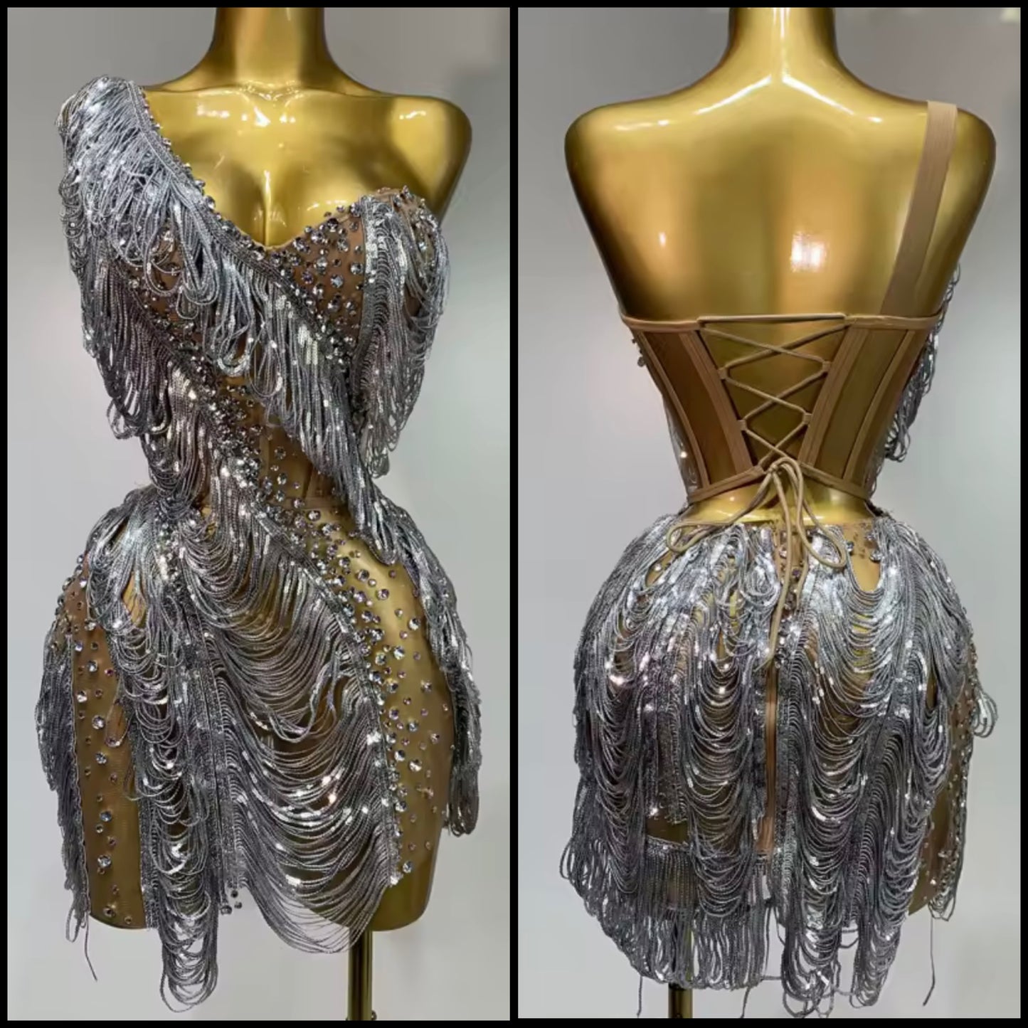 Sexy Silver One Shoulder Chain Rhinestone Dress