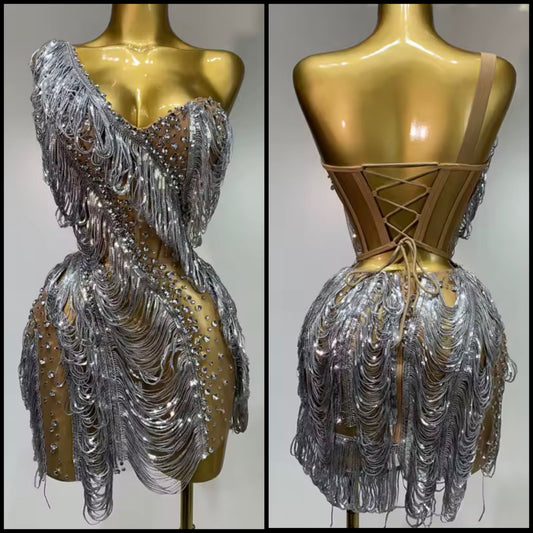 Sexy Silver One Shoulder Chain Rhinestone Dress