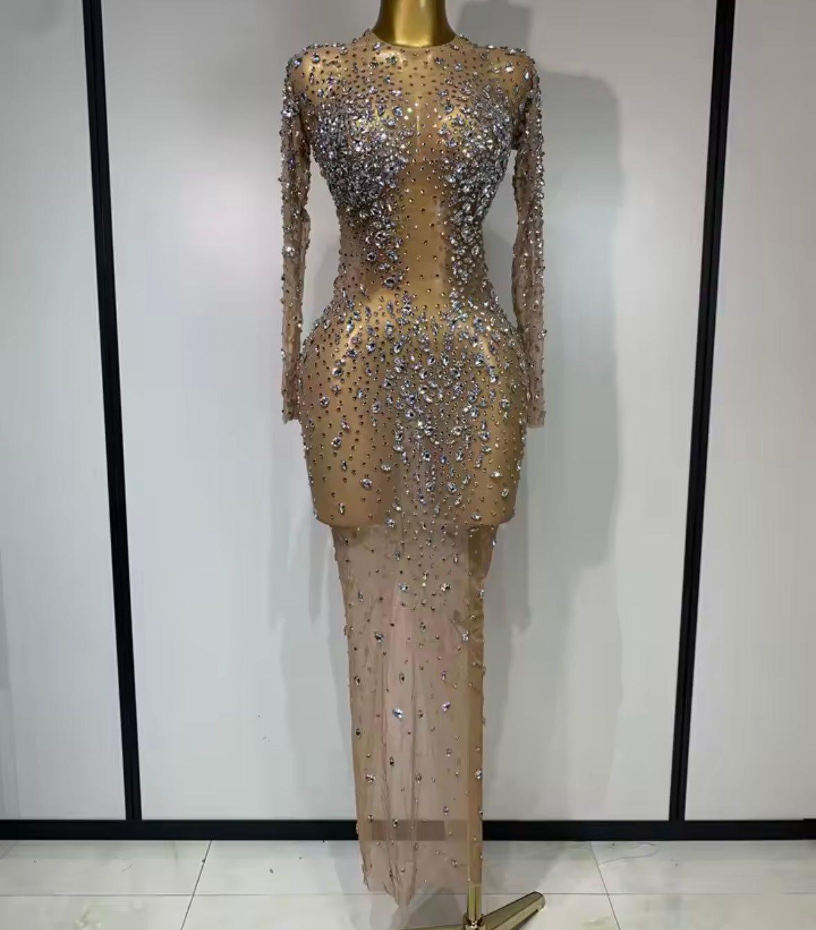Sexy See Through Rhinestone Full Sleeve Long Dress