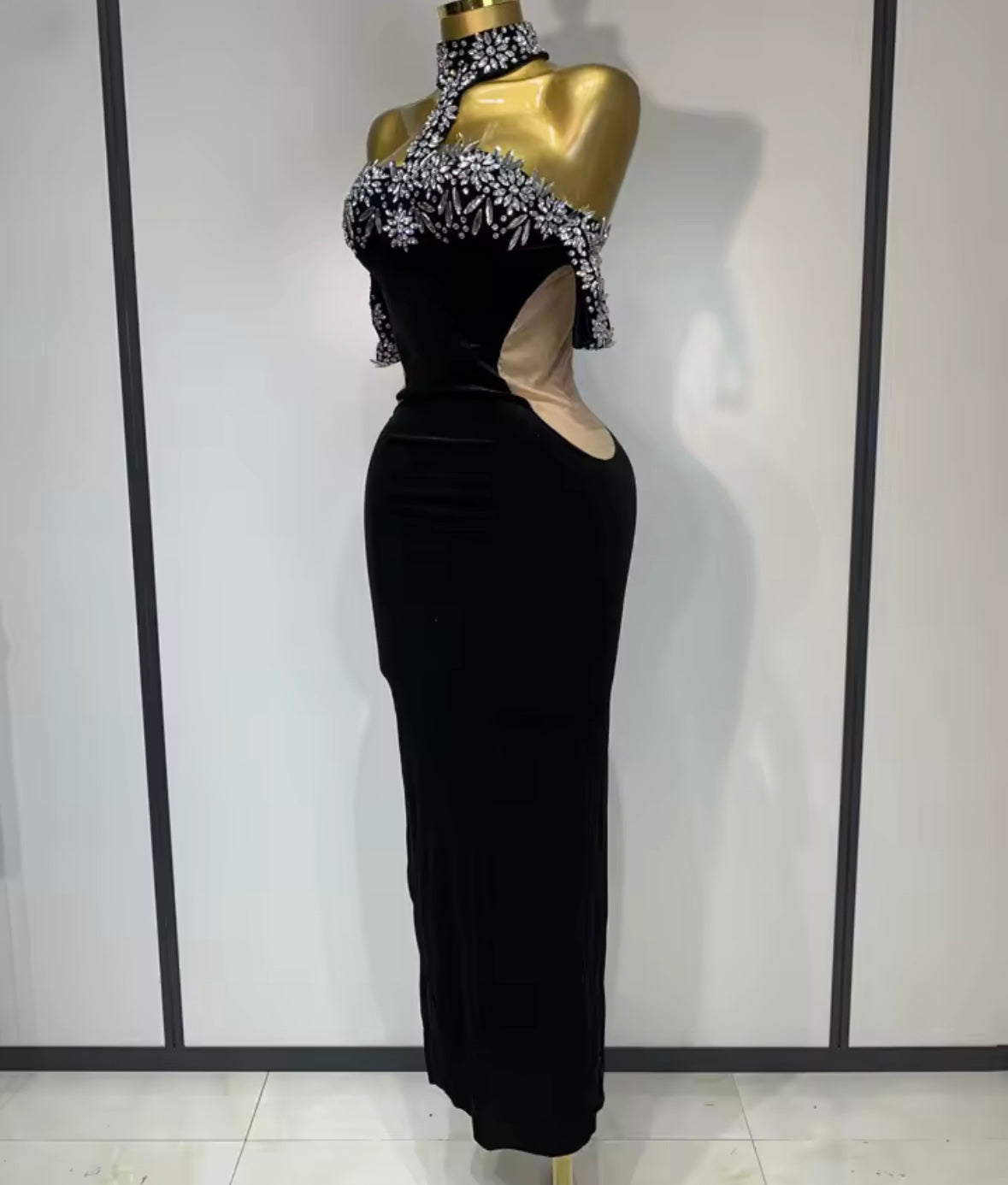 Elegant Black Floral Rhinestone Halter Maxi Dress