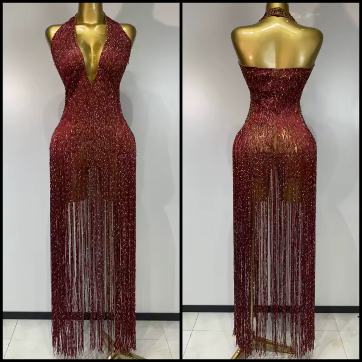 Burgundy Sexy Halter Sleeveless Fringe Tassel Maxi Dress