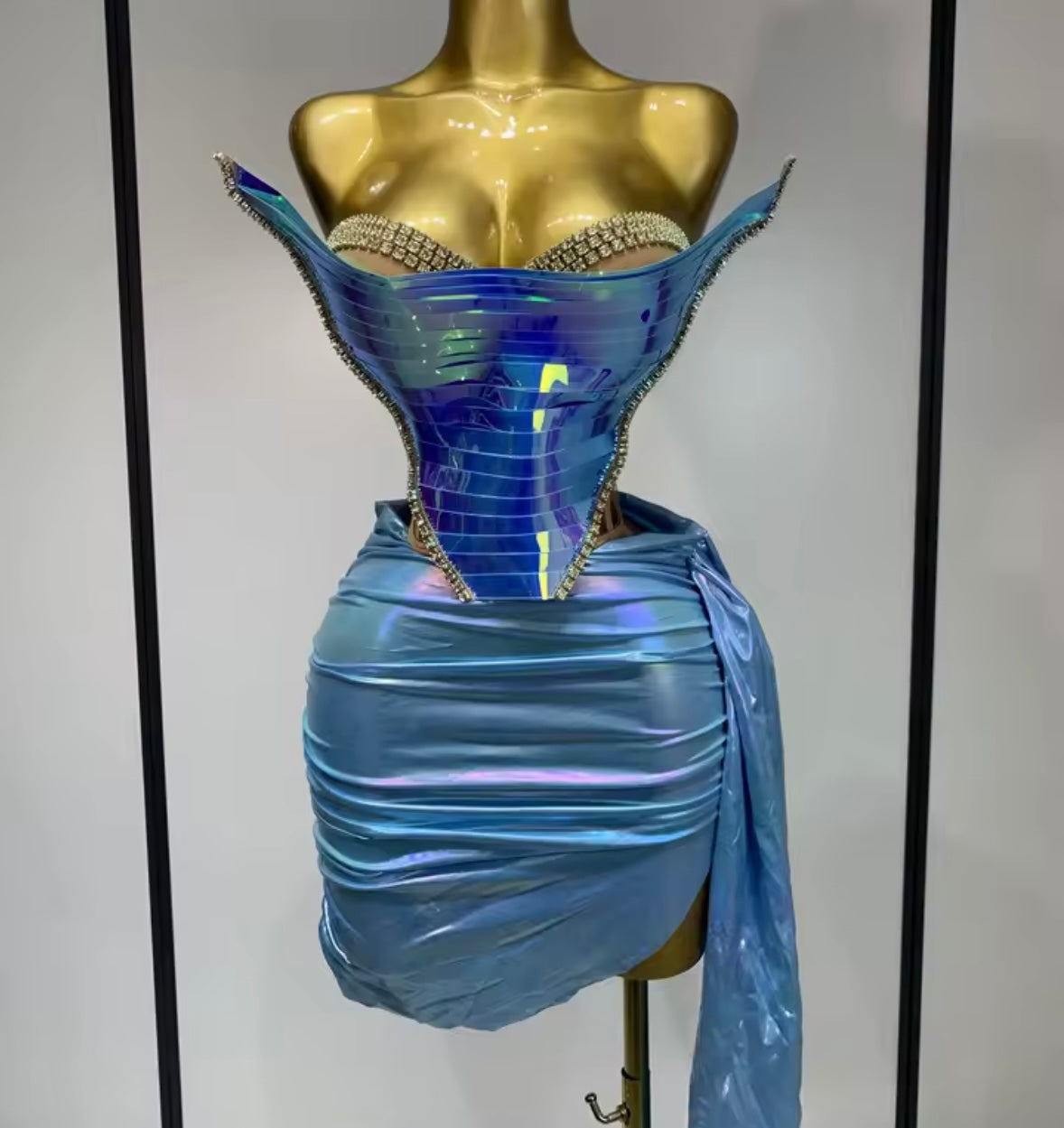 Color Rhinestone Strapless Corset Two Piece PU Tassel Skirt Set