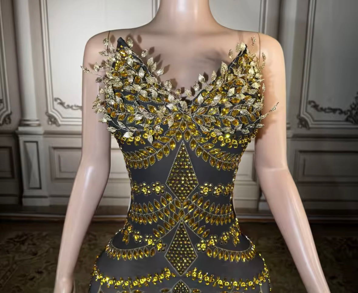 Black Sexy Sleeveless Gold Rhinestone Maxi Dress