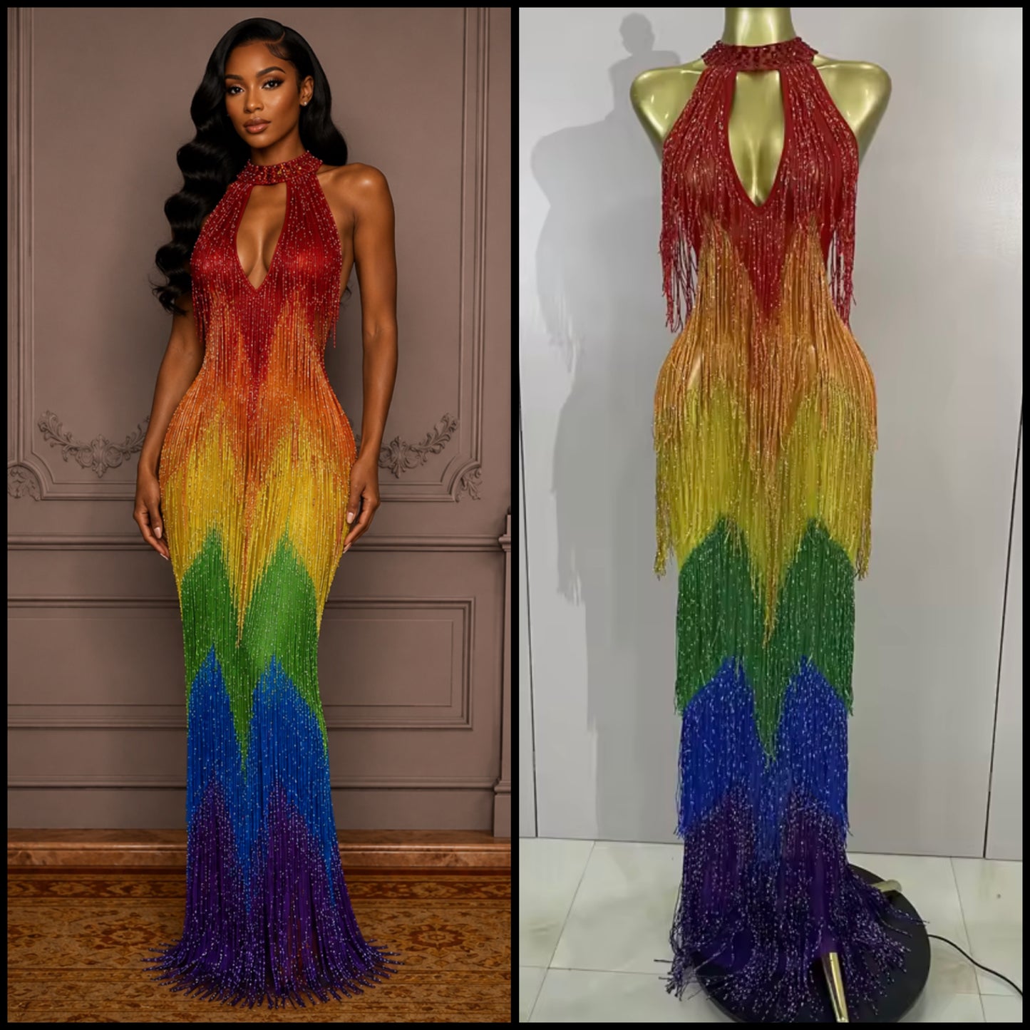 Sexy Halter Sleeveless Colorful Rhinestone Fringe Tassel Maxi Dress