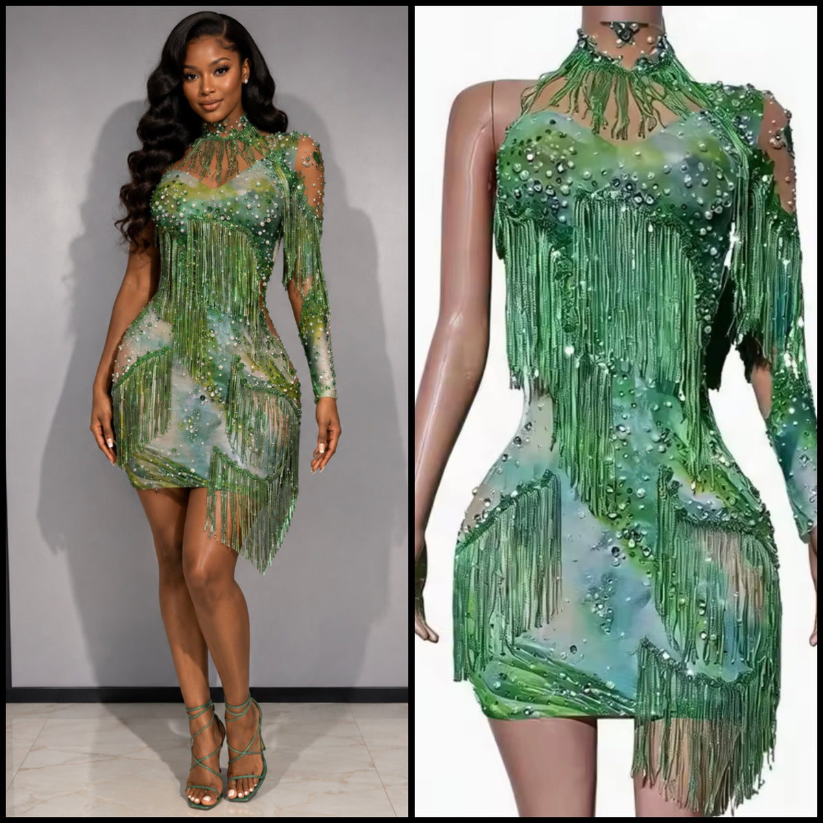 Green One Shoulder Printed Fringe Tassel Sexy Dress
