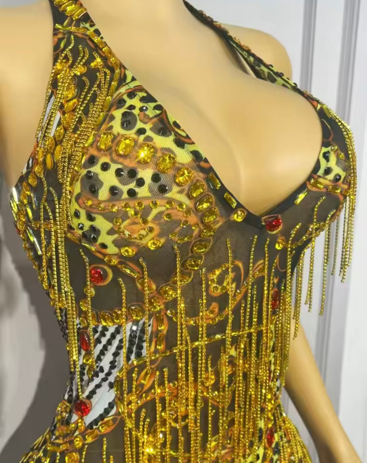 Sexy Halter Sleeveless Printed Tassel See Through Dress