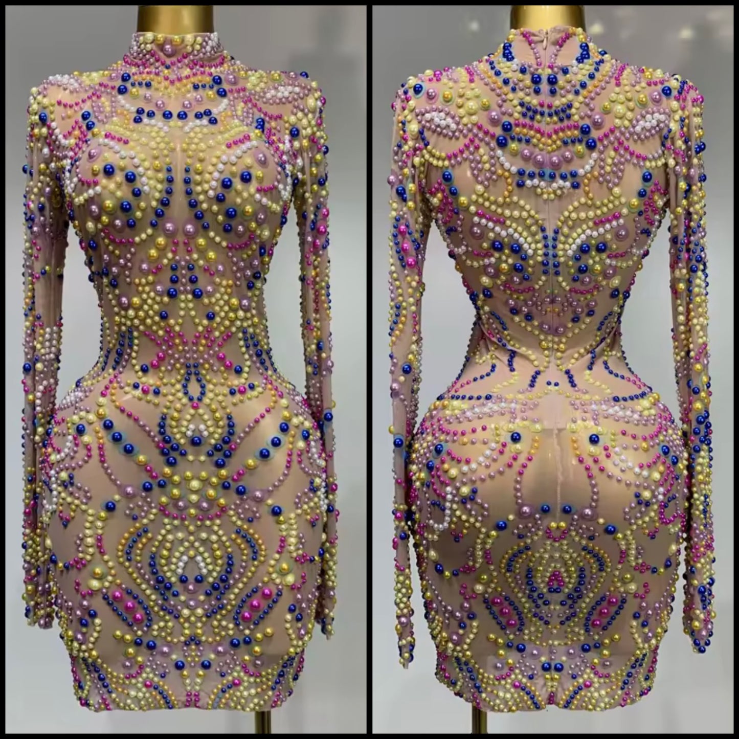 Sexy Multicolored Beaded Full Sleeve Dress