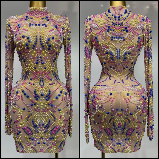 Sexy Multicolored Beaded Full Sleeve Dress