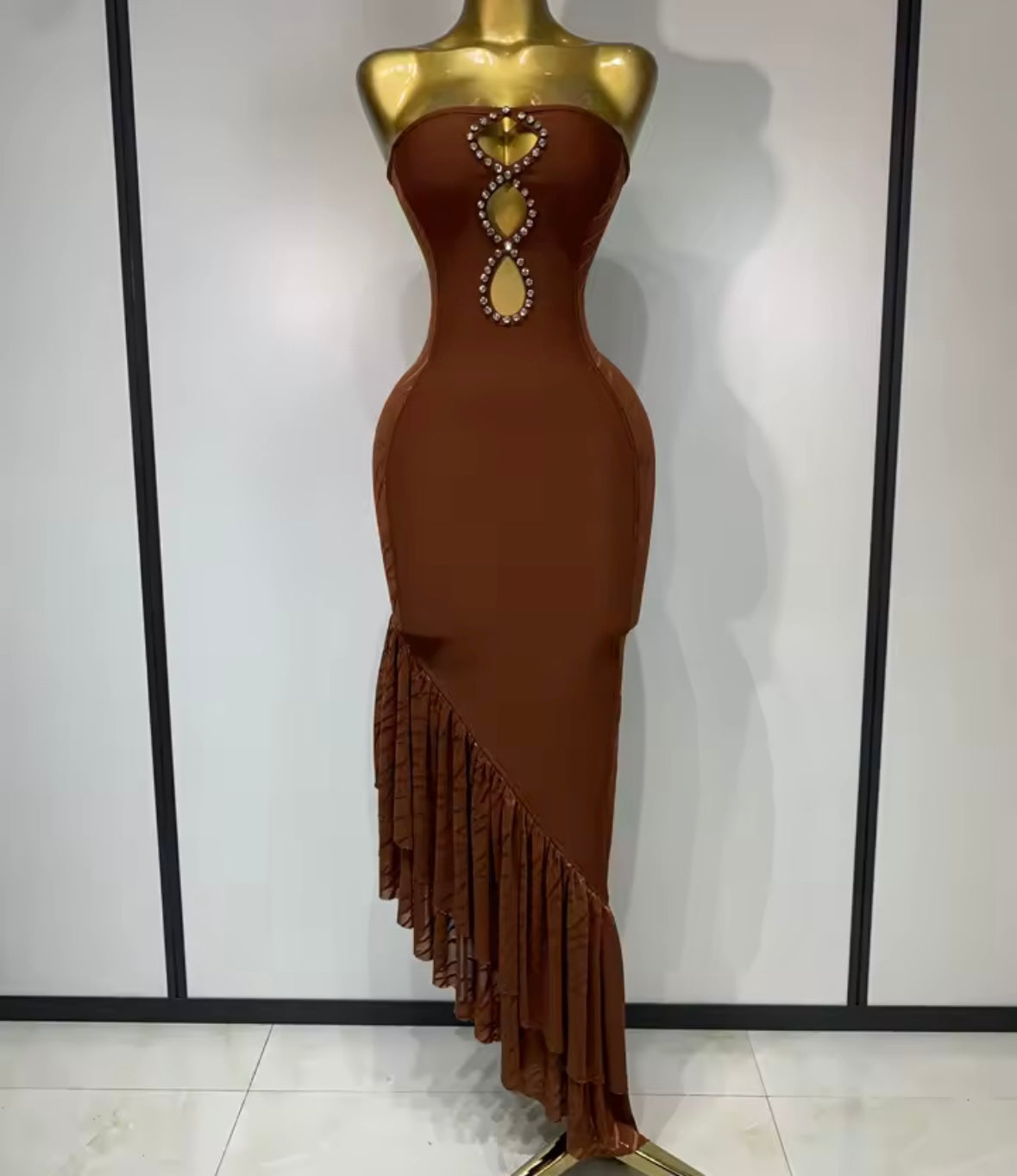 Brown Sexy Strapless Cut Out Rhinestone Ruffle Maxi Dress