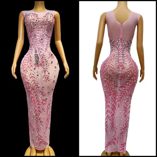 Pink Sexy Sleeveless Pearl Rhinestone Maxi Dress