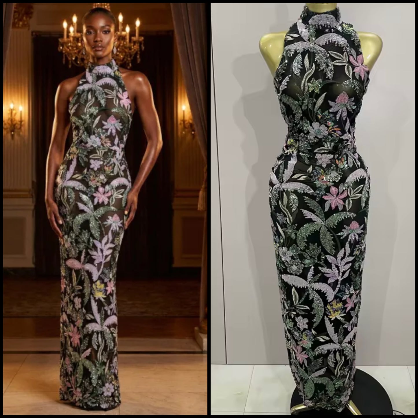 Elegant Floral Embellishment Sequins Floor-Length Dress
