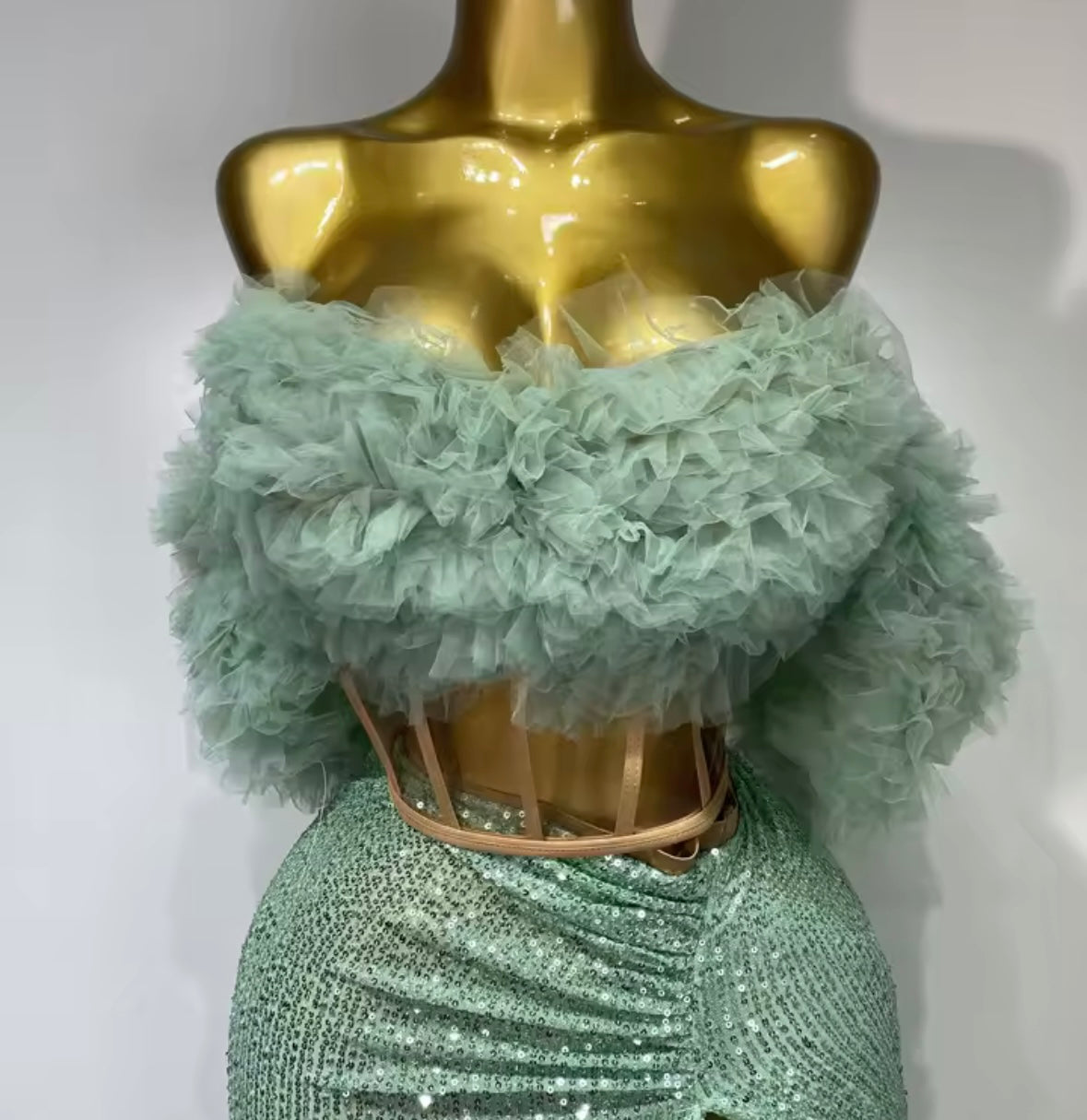 Sexy Ruffled Strapless Corset Two Piece Sequins Maxi Skirt Set