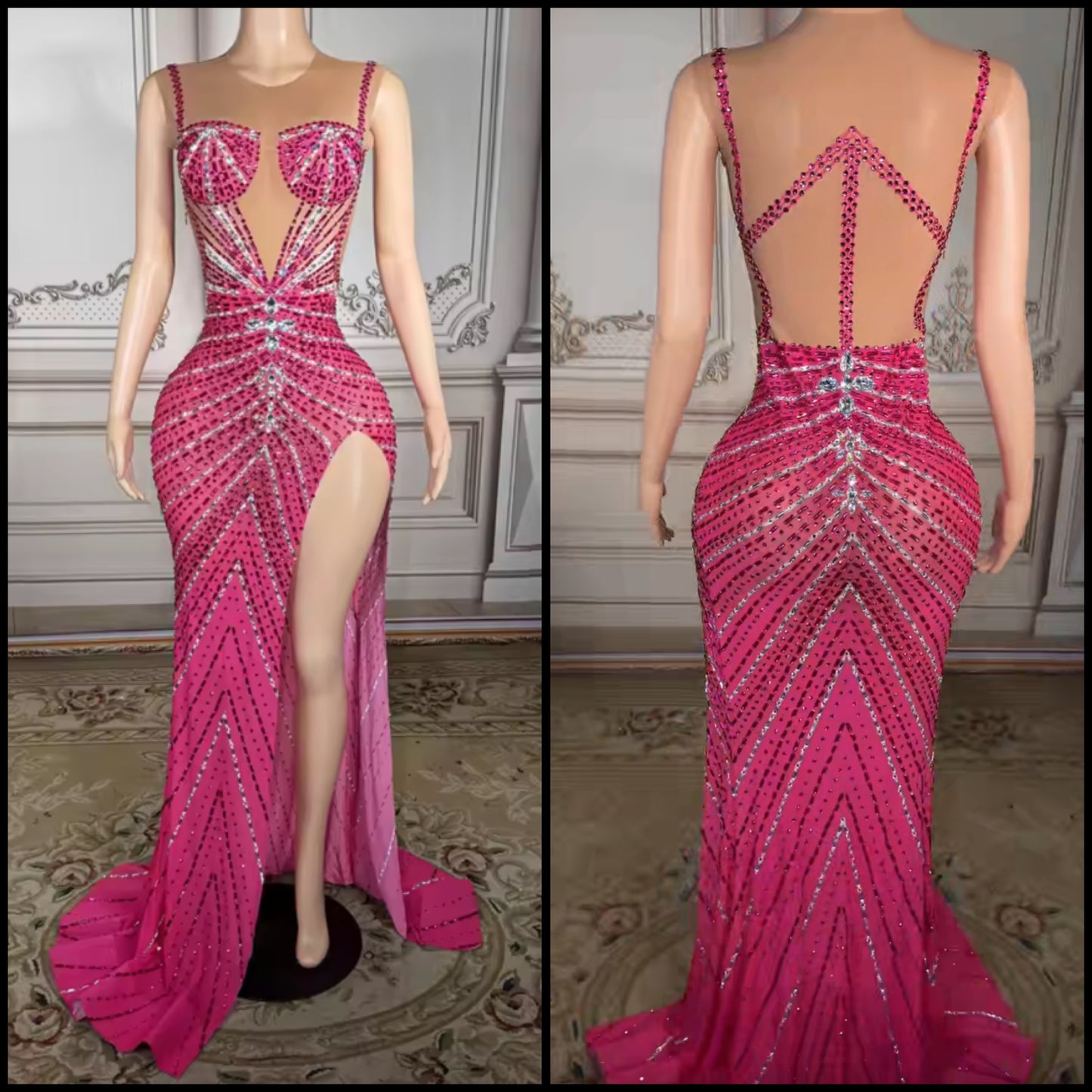 Pink Sexy Sleeveless Rhinestone Embellishment Floor-Length Dress