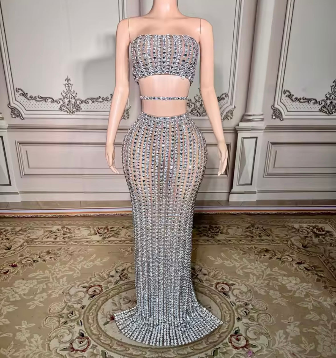 Sexy Strapless Rhinestone Embellishment Maxi Skirt Set
