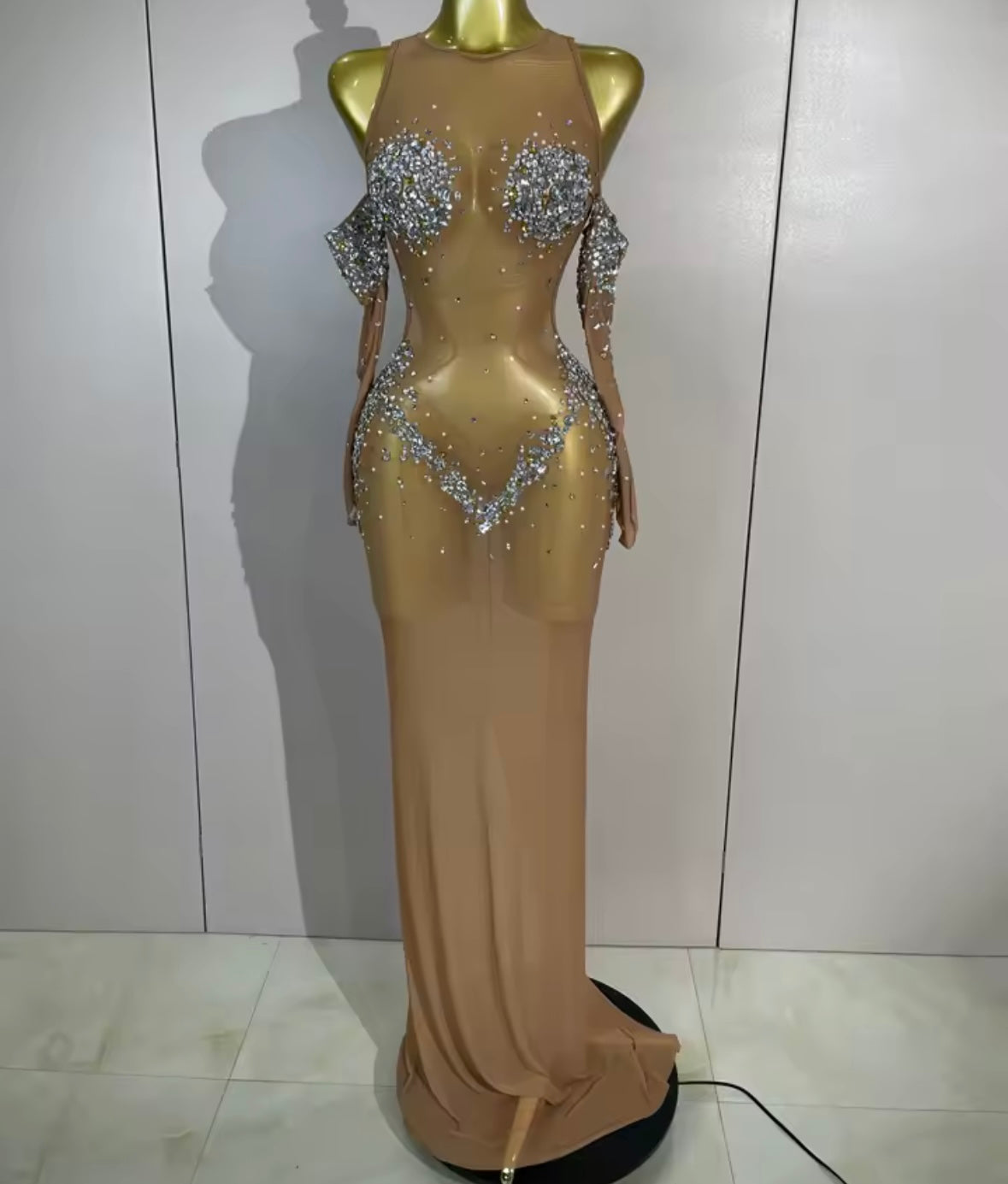 Sexy See Through Rhinestone Embellishment Floor-Length Dress
