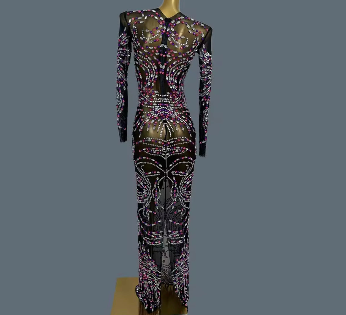 Black See Through Full Sleeve Color Rhinestone Maxi Dress