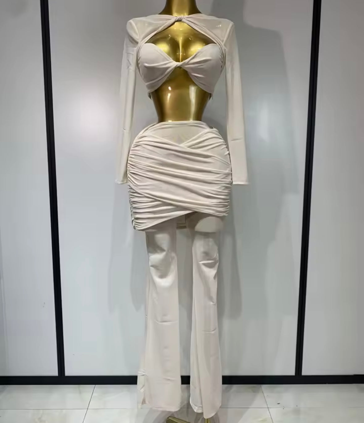 Sexy Full Sleeve Crop See Through Two Piece Pant Set