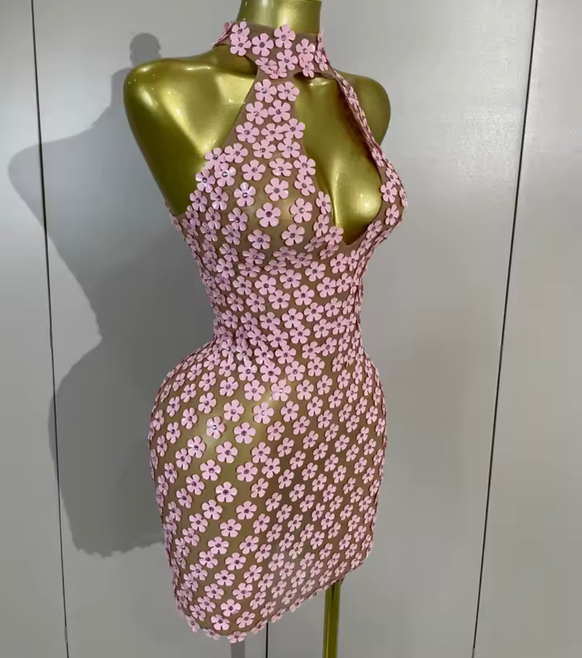 Pink Halter Sleeveless Floral See Through Sexy Dress