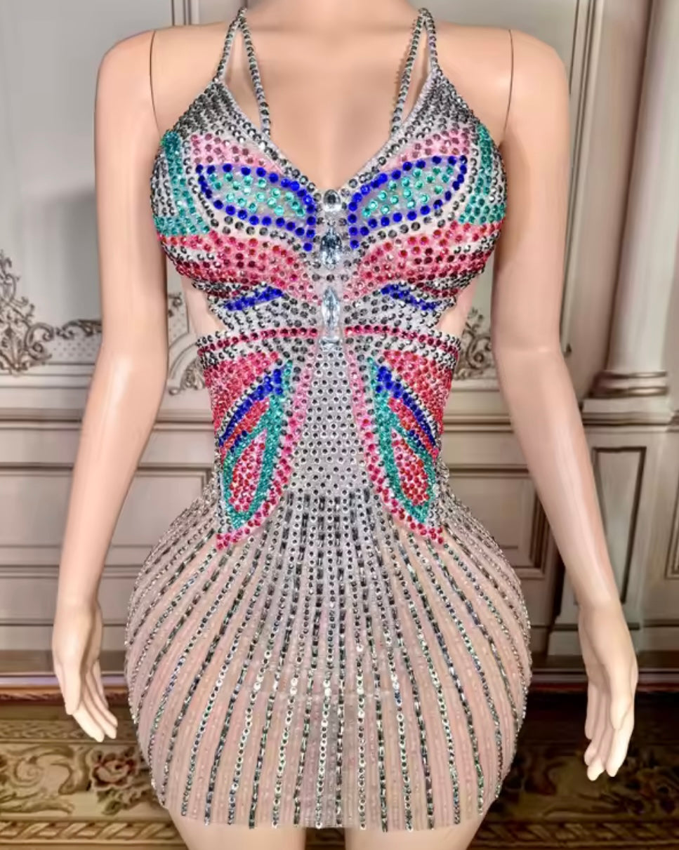 Sexy Multicolored Rhinestone Embellishment Halter Dress