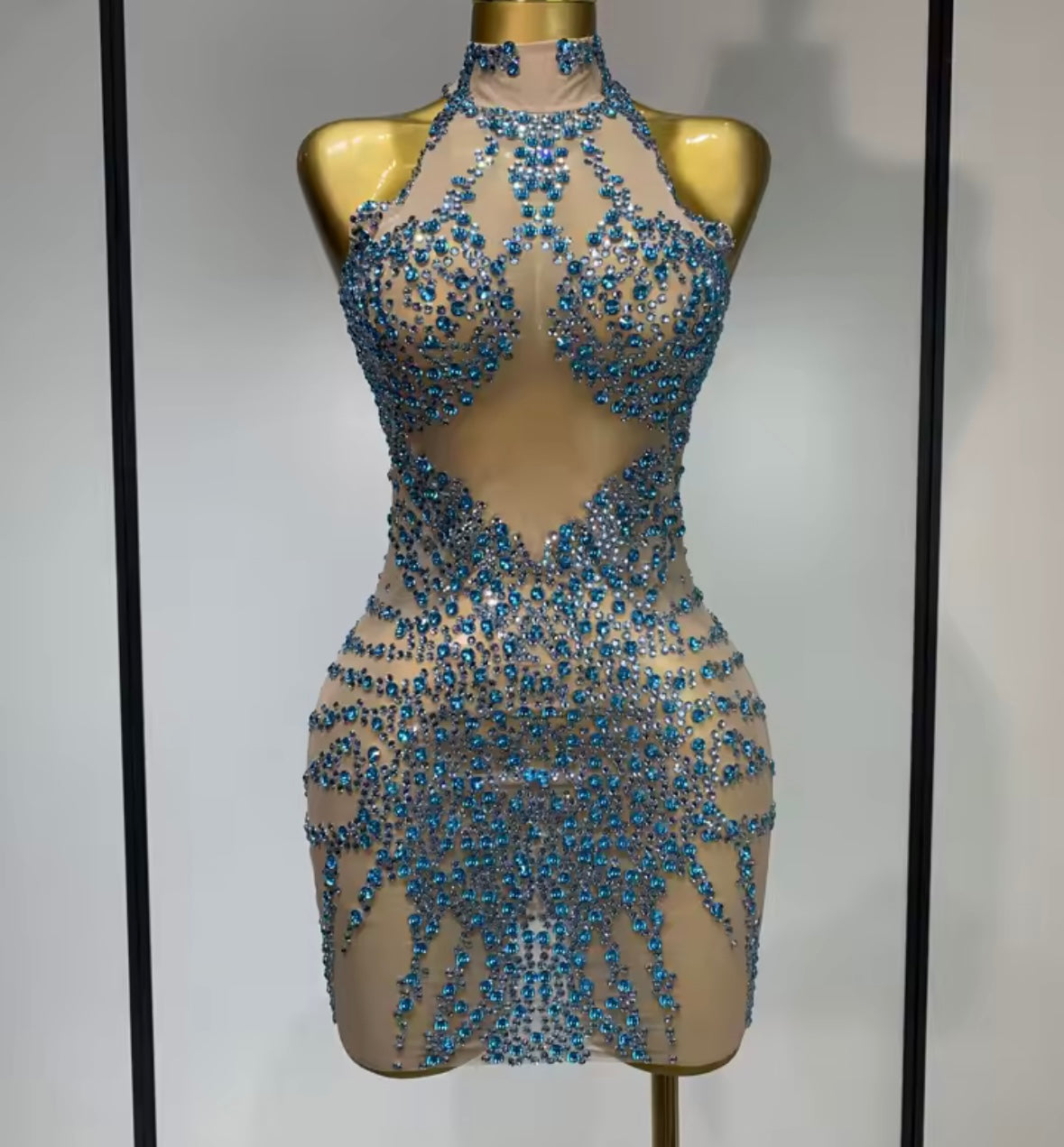 Sleeveless Rhinestone Sexy Short See Through Dress