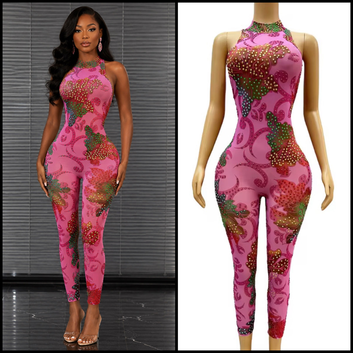 Sexy Sleeveless Floral Rhinestone See Through Jumpsuit