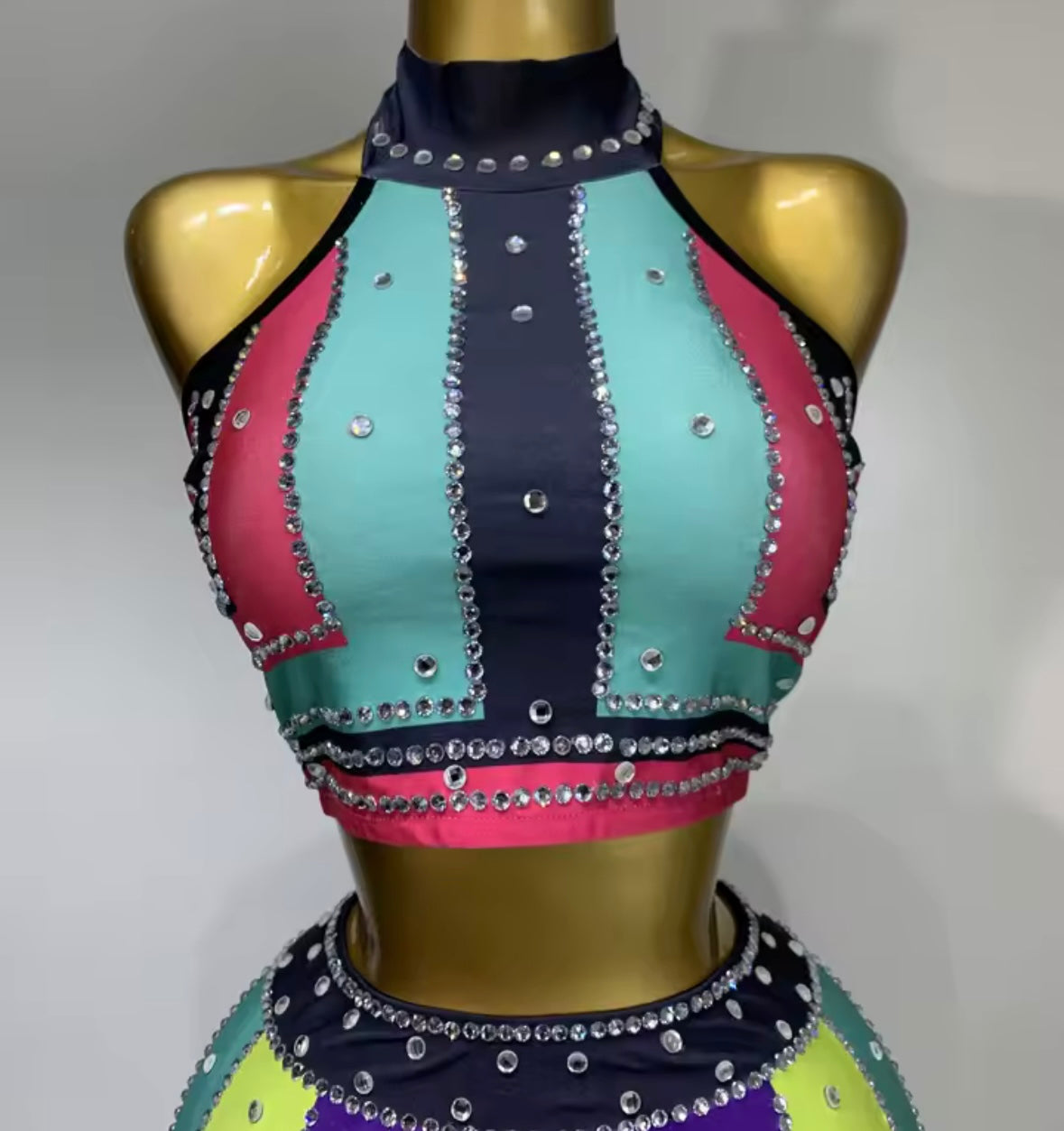 Sexy Multicolored Halter Crop Rhinestone Pant Set