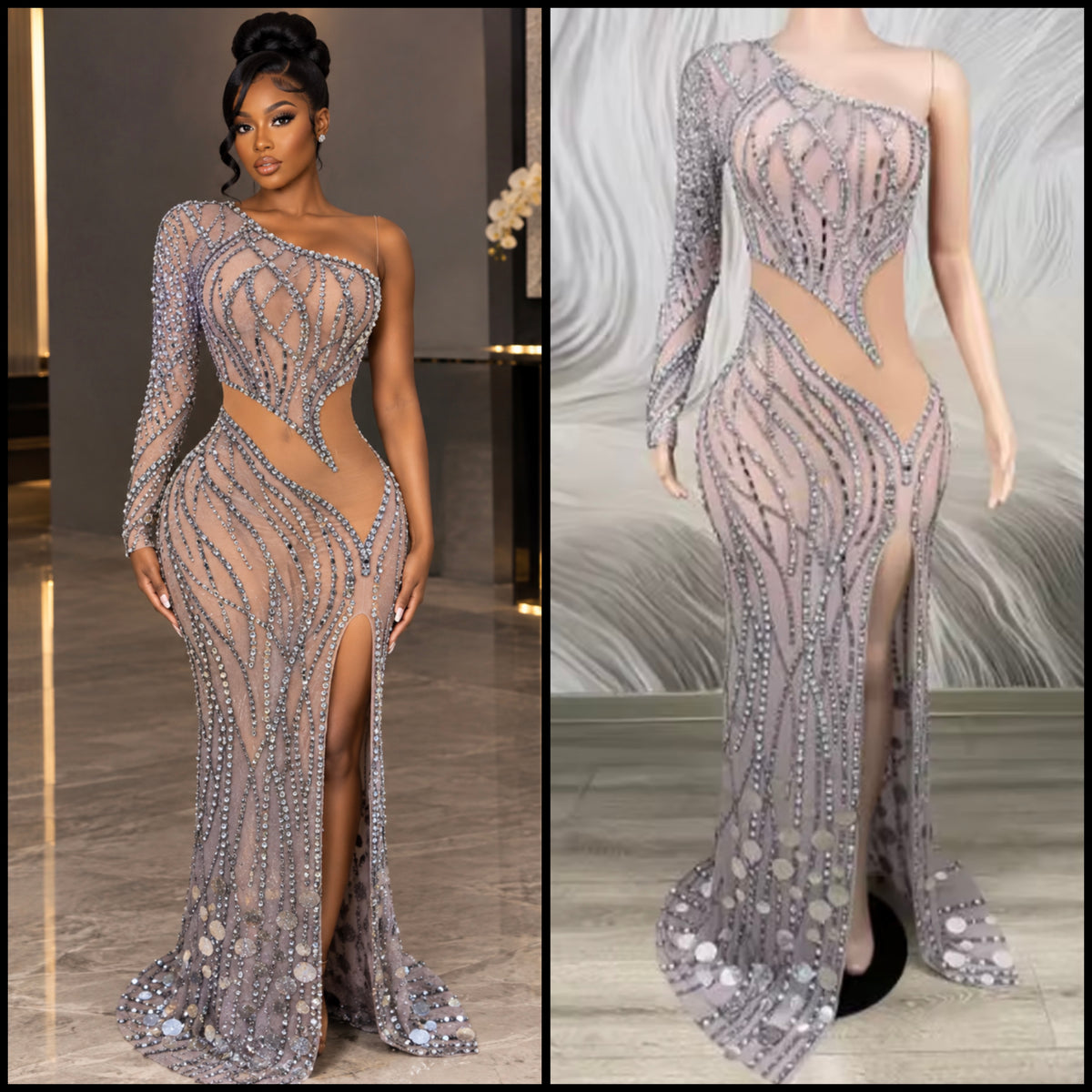 Sexy One Shoulder Full Sleeve Rhinestone Side Split Maxi Dress