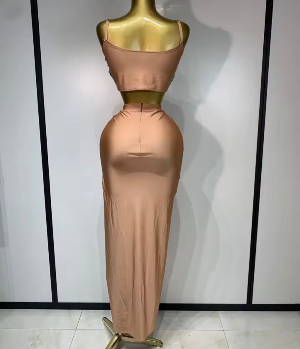 Sexy Rhinestone Sleeveless Maxi Skirt Set