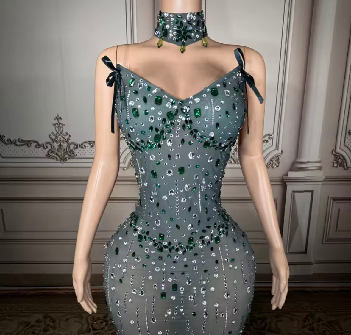 Elegant Green Choker Strapless Rhinestone Embellishment Dress