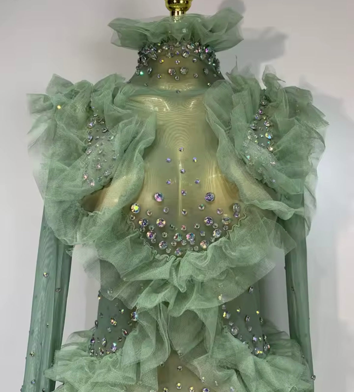 Green Sexy Ruffled See Through Full Sleeve Rhinestone Dress