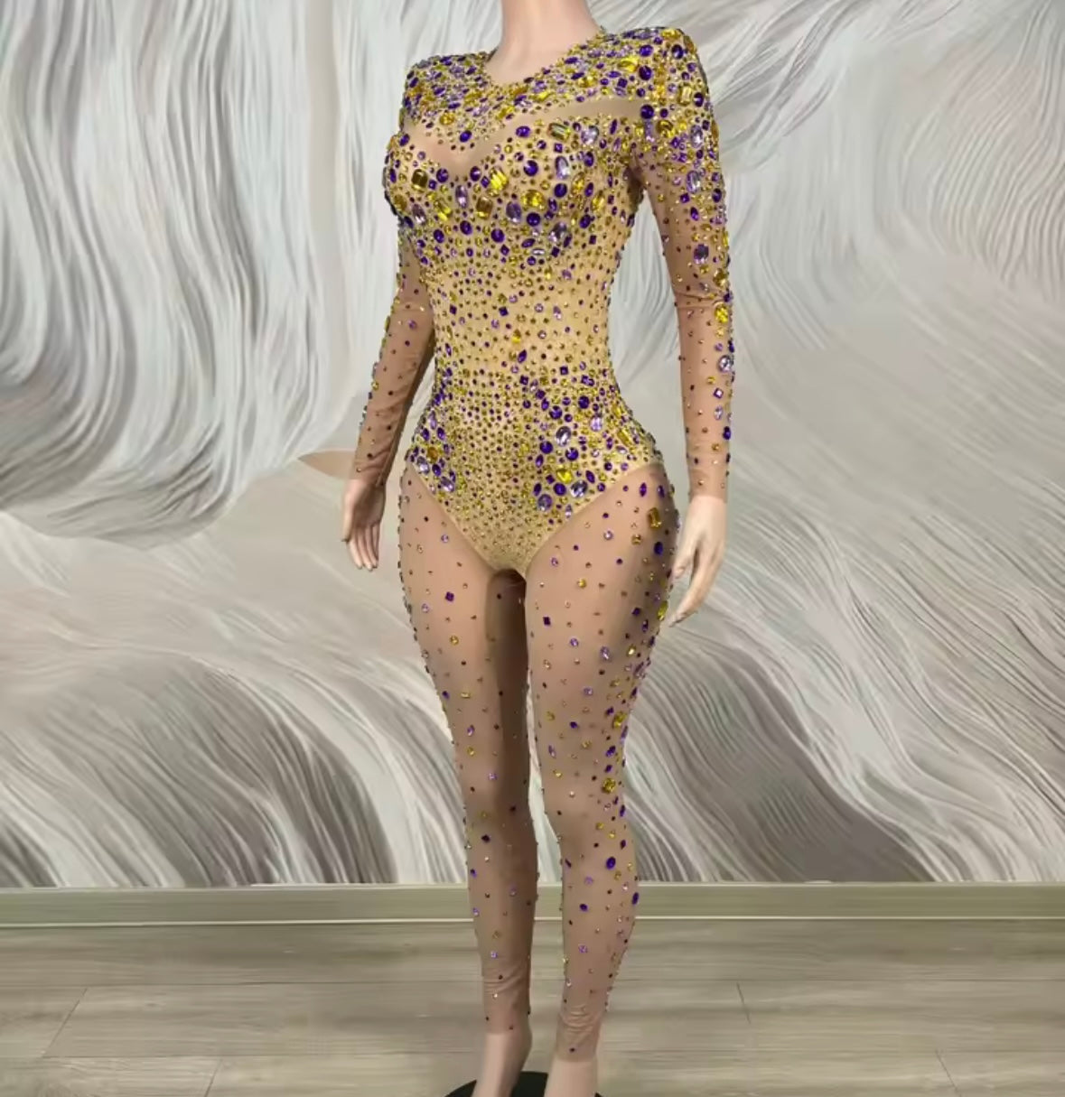 Sexy Color Rhinestone Full Sleeve See Through Jumpsuit