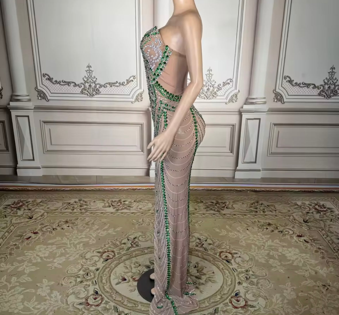 Sexy Sleeveless Rhinestone See Through Front Split Maxi Dress