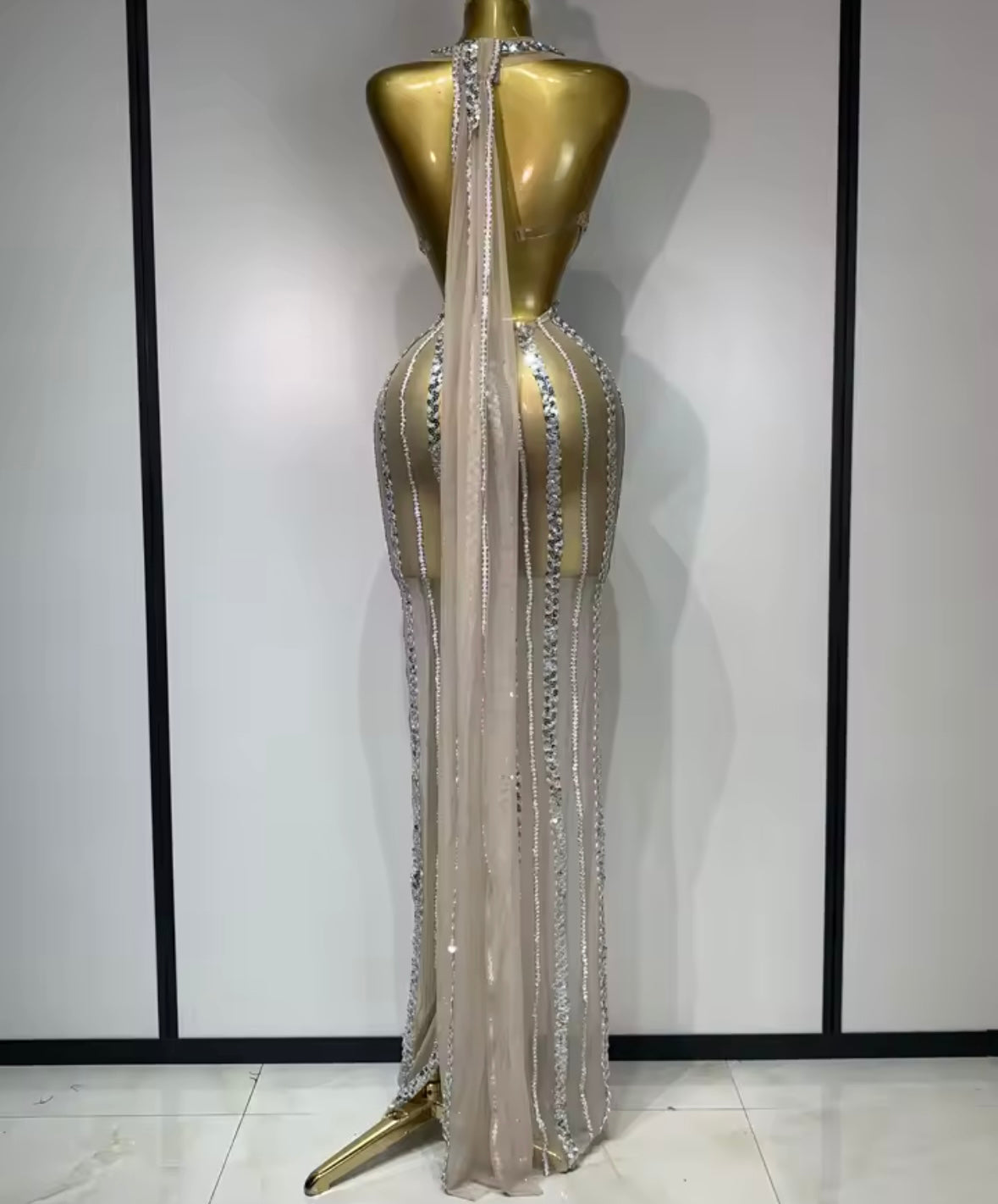 Sexy Halter Sequins Crystal Open Back Floor-Length Dress