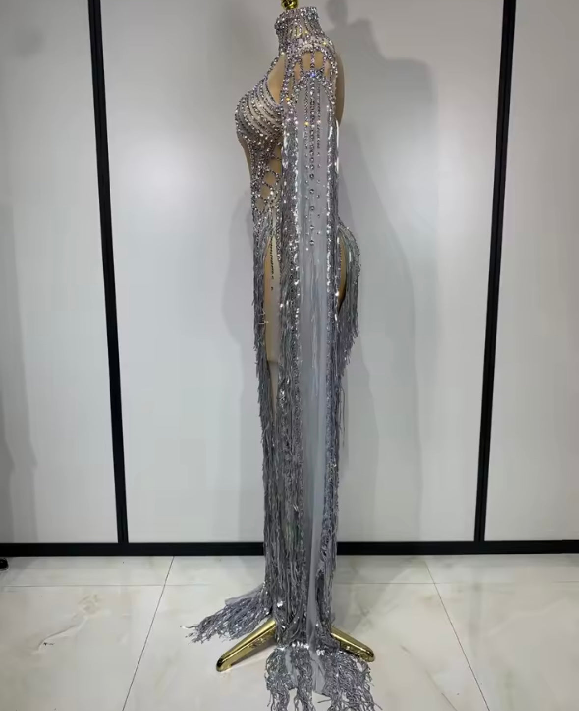 Silver Sexy Sequins Rhinestone Tassel See Through Maxi Dress