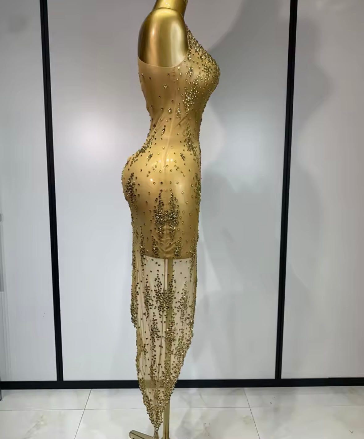 Sexy Sleeveless See Through Rhinestone Asymmetrical Dress