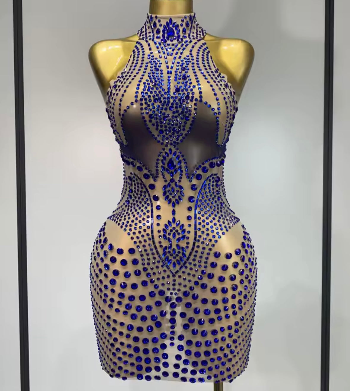 Sexy Sleeveless Blue Crystal See Through Short Dress