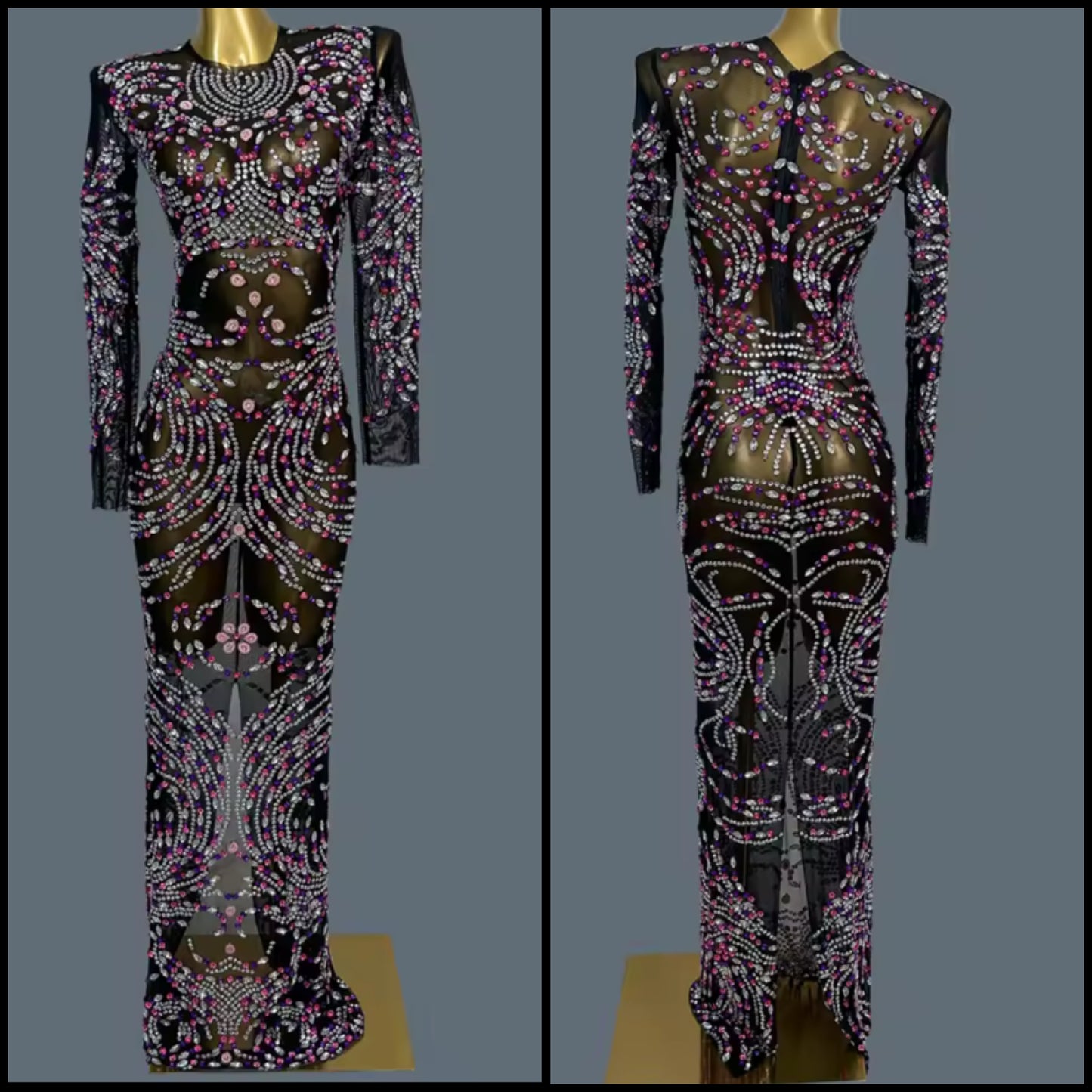 Black See Through Full Sleeve Color Rhinestone Maxi Dress