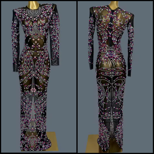 Black See Through Full Sleeve Color Rhinestone Maxi Dress