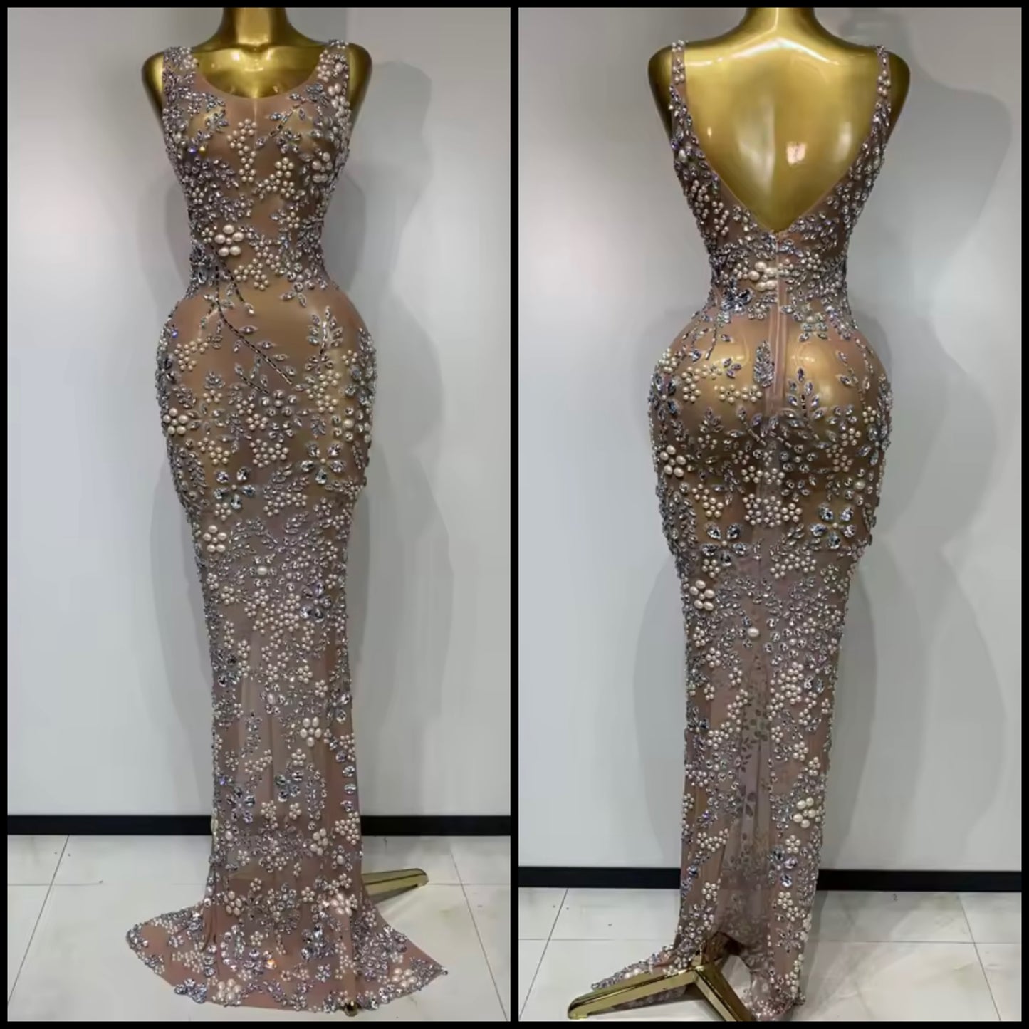 Sexy Sleeveless Beaded Rhinestone Floor-Length Dress